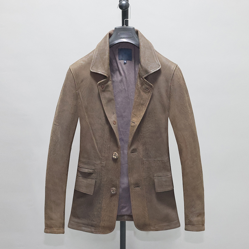 No Coated Frosted Head Layer Sheep Genuine Leather Leather Clothing Male body short Overturned Suit Collar Casual Jacket Menswear Jacket X3