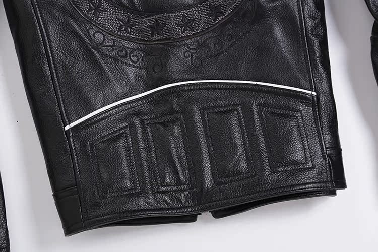 Da bò Thêu Da Da Nam Slim Slim White Strip Jacket Áo khoác xe máy nặng Quần áo đứng Cổ áo Kích thước lớn Mặc nam áo khoác nam