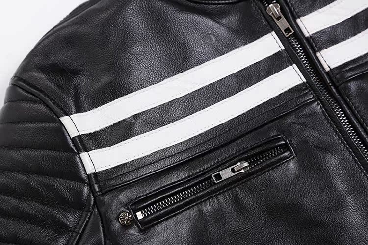 Da bò Thêu Da Da Nam Slim Slim White Strip Jacket Áo khoác xe máy nặng Quần áo đứng Cổ áo Kích thước lớn Mặc nam áo khoác nam