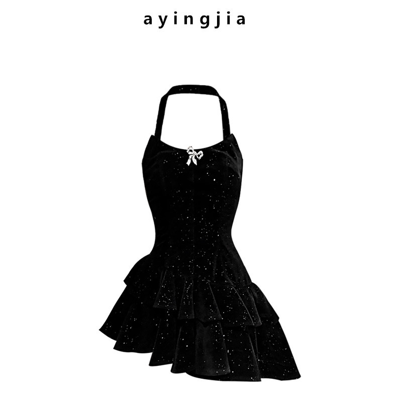 In Stock! Black Birthday Mini Dress for Women, Summer Exquisite Glittery Puffy Skirt, Velvet Evening Dress, Strapless Dress