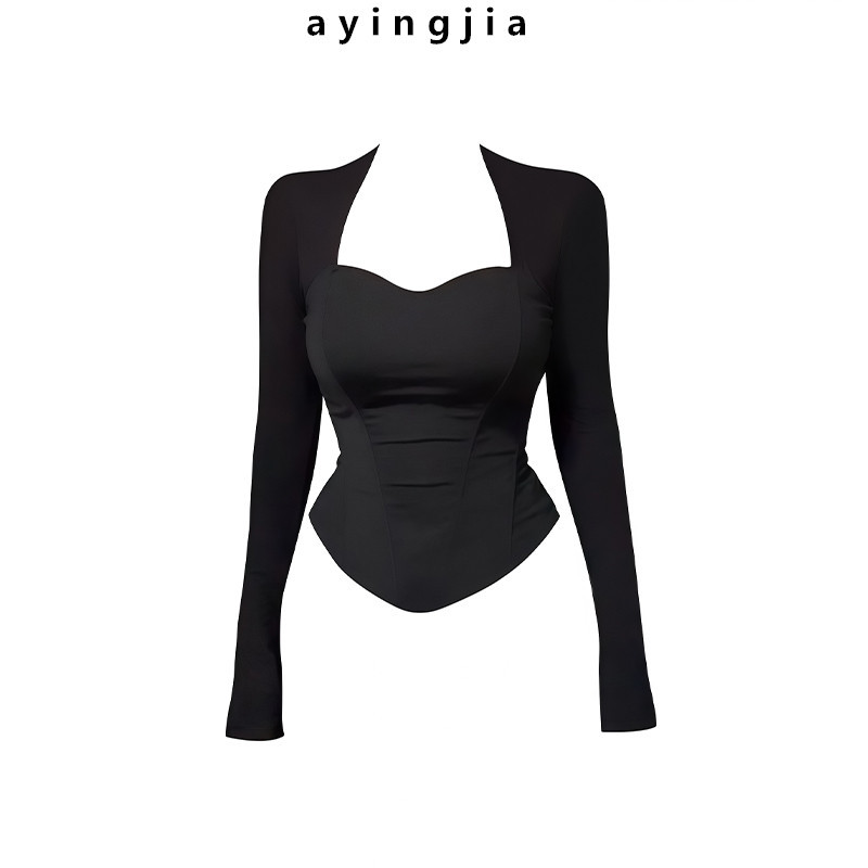 In Stock! Black Fishbone-Patterned Long-Sleeve T-Shirt for Women, Autumn Design, Slim Fit, Flattering Top for Trendy Girls