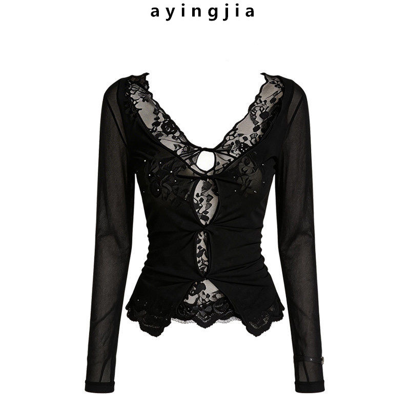 In Stock! Lace Mesh Hollow-Out Long-Sleeve T-Shirt for Women, Early Spring Design, Inner Layer Base Shirt Top