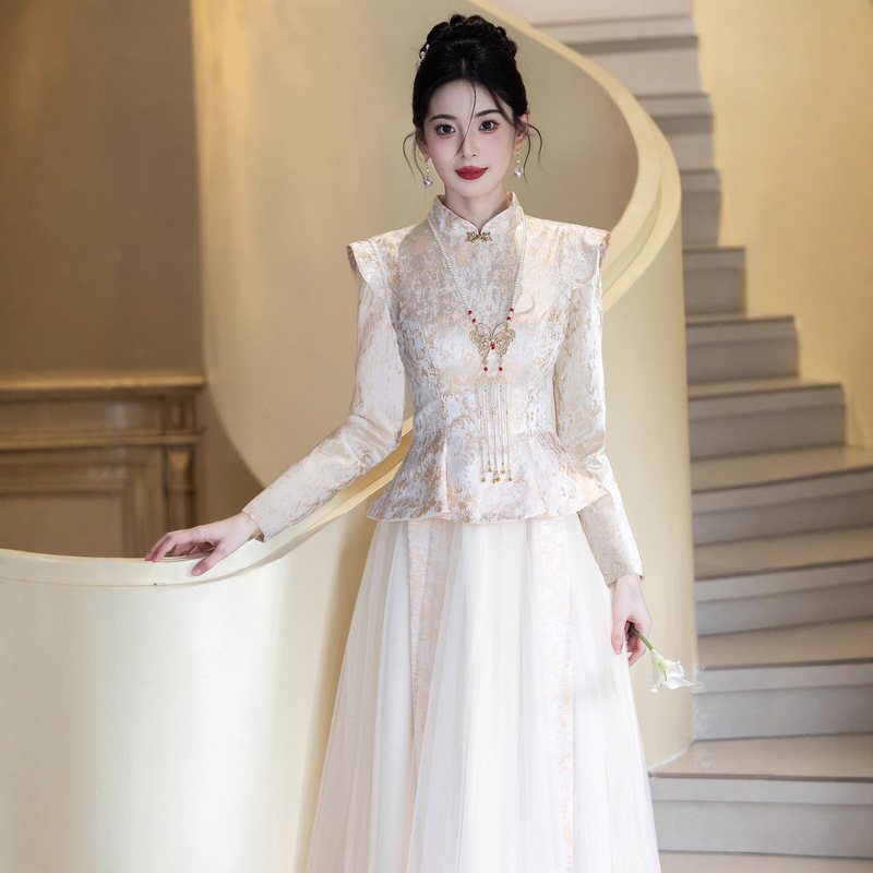 New Chinese-Style Champagne-Colored Toast Dress, Bride's Wedding Engagement Dress, Homecoming Banquet Casual Wear, Autumn and Winter Long-Sleeved Dress Suit
