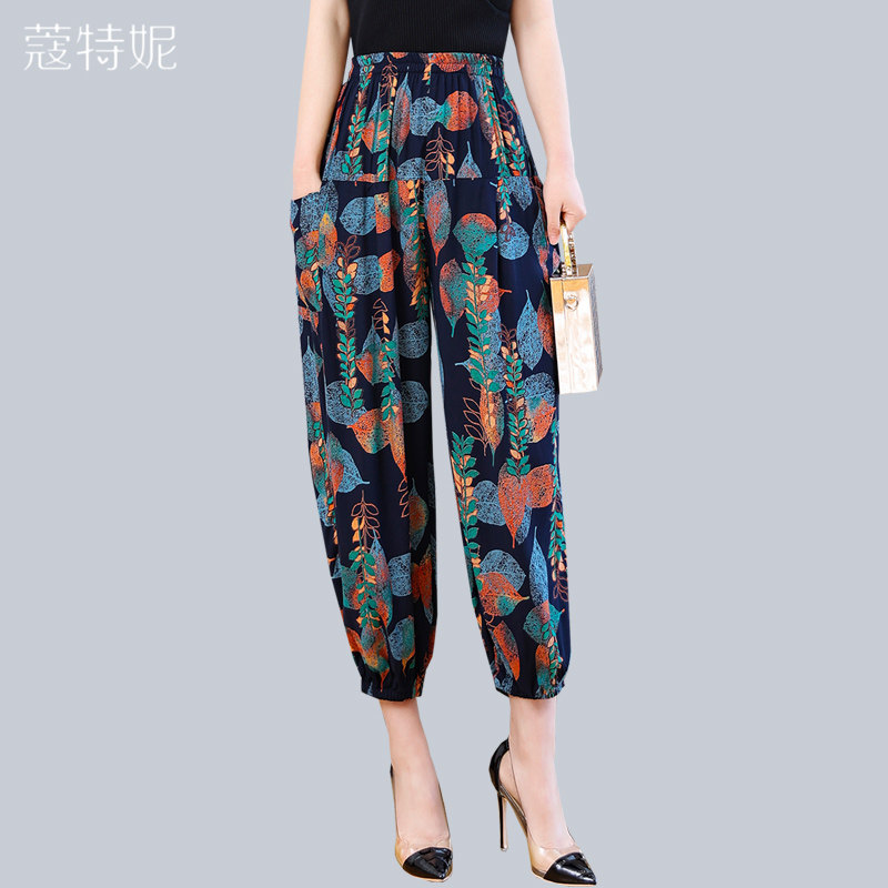 Middle-aged mother cotton silk pants summer wide-leg pants flower pants women's casual beach pants elastic high waist dance bloomers
