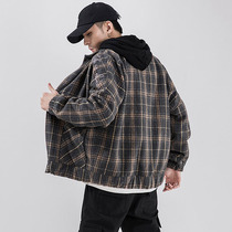 Letter embroidered woolen jacket mens spring and autumn woolen jacket Korean version of the trend loose plaid jacket ins Tide brand