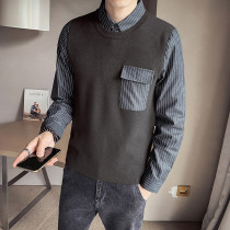 Tide men Jersey fake two pieces in autumn and winter base shirt Korean fashion shirt collar thread clothes striped stitching sweater