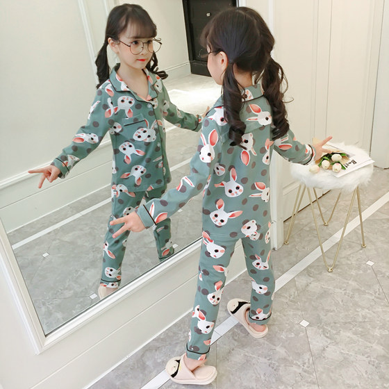 Children's pajamas spring and autumn thin pure cotton suit cardigan baby middle-aged and older girls long-sleeved parent-child home wear