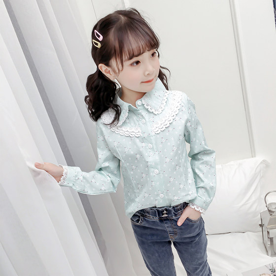Girls' shirts, spring and autumn long-sleeved little girls' fashionable children's lace cotton tops Korean style fashionable white shirts