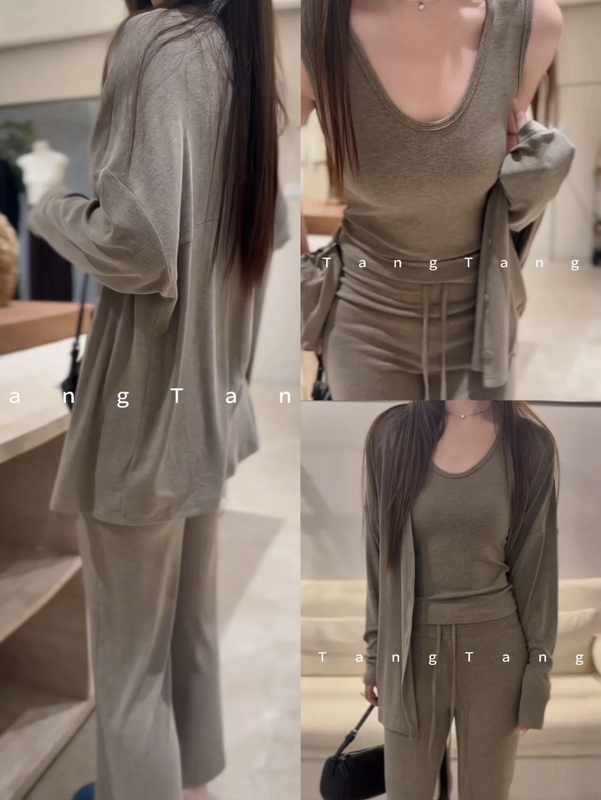 Tangtang【Relaxed and Leisurely】Three-Piece Set with Cropped Pants, Tank Top, and Cardigan, Casual and Comfortable Brushed Autumn Outfit
