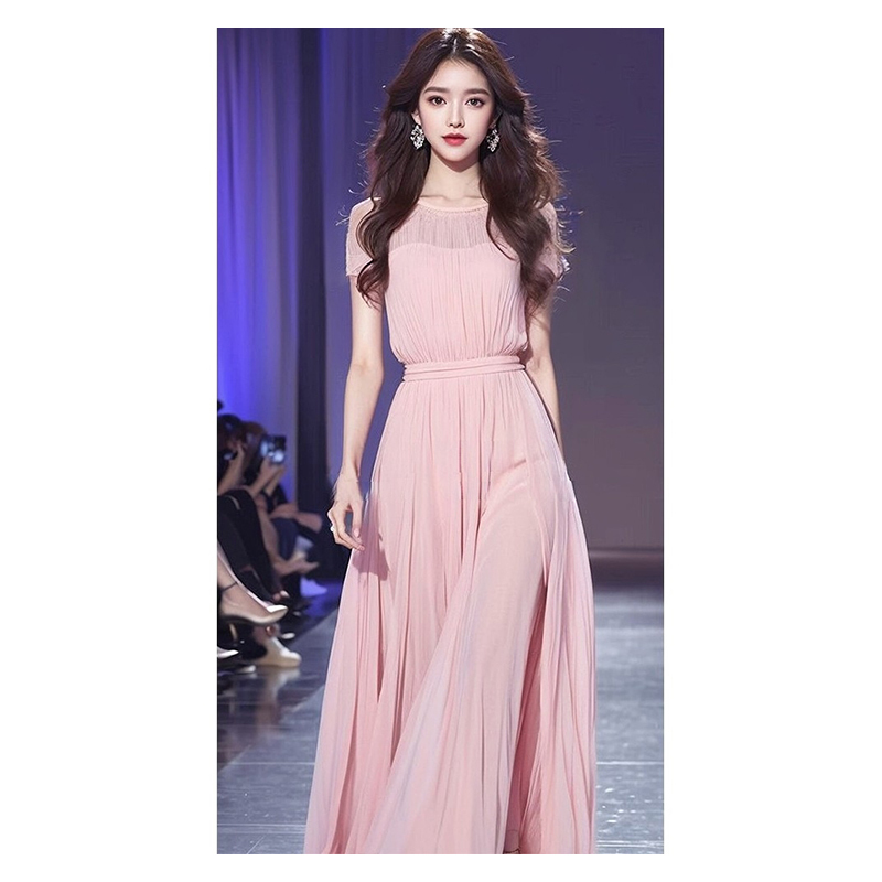 2026 Tea Break French Style Waist-Cinching Stunning Elegant Long Dress Gentle Style Super Fairy Pink Chiffon Dress for Summer