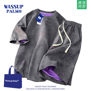 WASSUP PALM运动服套装男2025新款夏季扎染破洞短袖短裤两件套潮