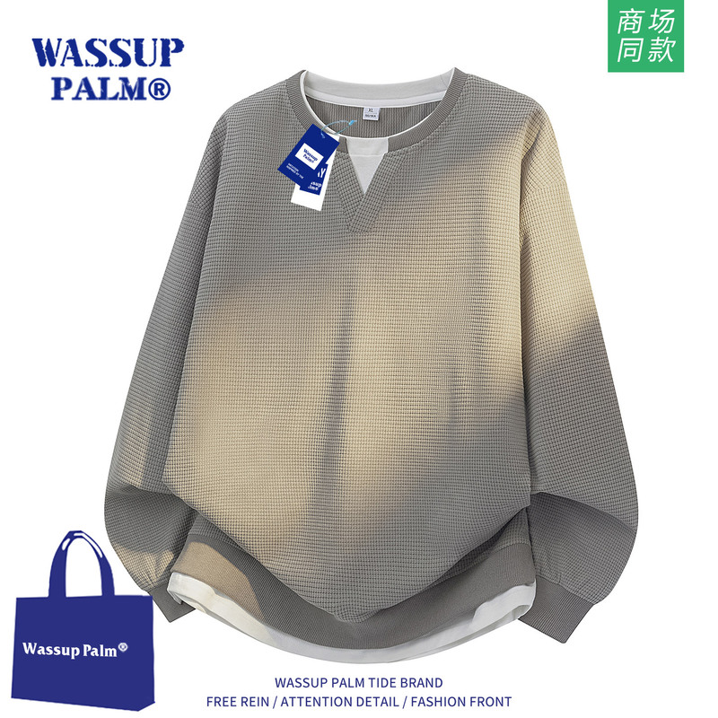 Wassup Palm Men's Sweatshirt 2026 New Spring and Autumn Old Money Style Fake Two-Piece Loose Casual Long-Sleeve Top Wassup Palm Men's Sweatshirt 2026 New Spring and Autumn Old Money Style Fake Two-Piece Loose Casual Long-Sleeve Top