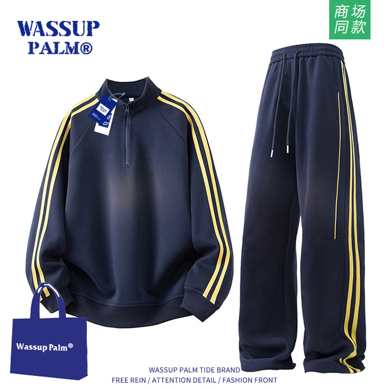 Спортивный костюм WASSUP PALM для мужчин, новинка 2025 года, весенне-осенний свитер в полоску с воротником-стойкой, брюки, костюм-двойка