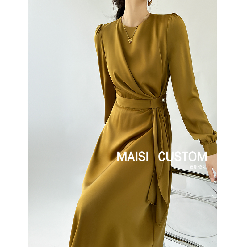 Autumn New Design Dress for Women, Long-Sleeved, High-End, Exquisite Texture, Slimming Long Dress, High-End Satin Skirt