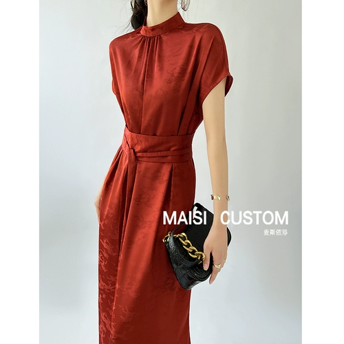 Красное летнее платье, ретро длинная юбка, ципао, китайский стиль, городской стиль, яркий броский стиль, по фигуре