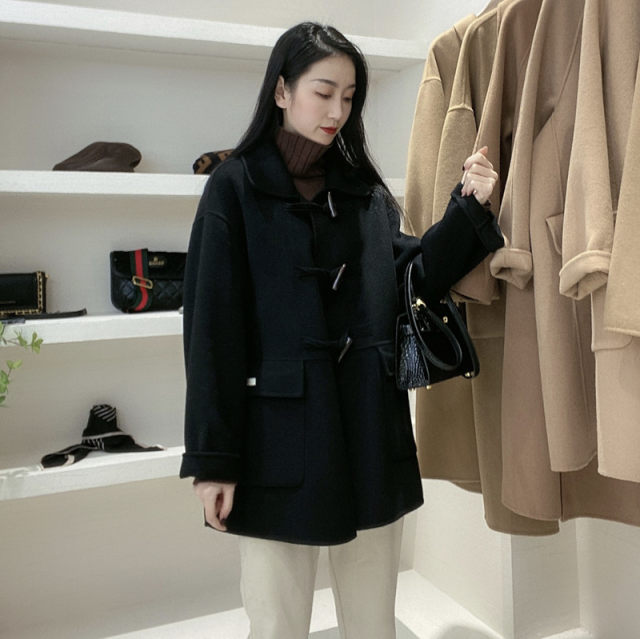 Camel Horn Button Coat Women's Mid-Length 2023 Autumn and Winter Style New Double-sided Woolen Zero Cashmere Coat