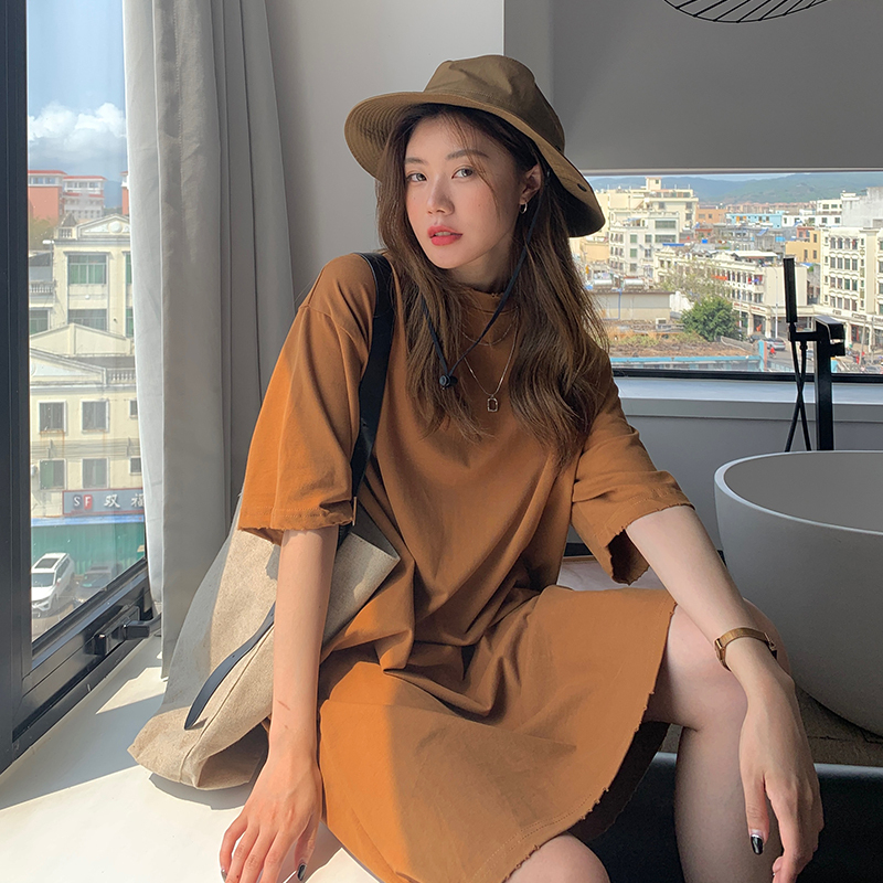 Summer Pure Cotton Solid Color Simple Nightgown Casual Loungewear Can Be Worn Outside Loose Mid-Length Cotton Dress Pajamas