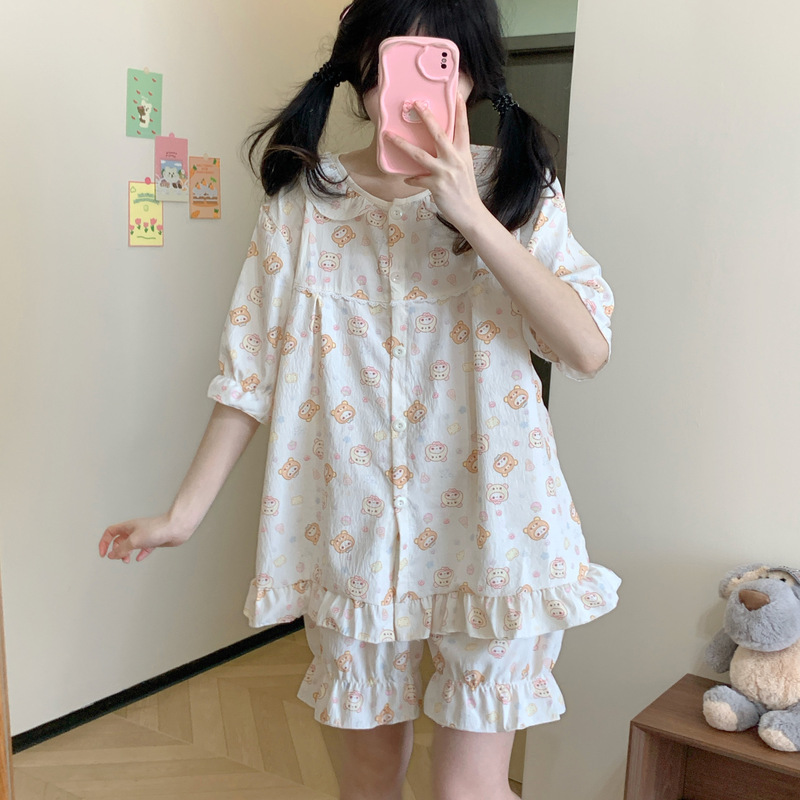 Original! Strawberry Rilakkuma Sweet Summer Cloud Cotton Pajamas with Chest Pads for Girls, Cute Loungewear That Can Be Worn Outside