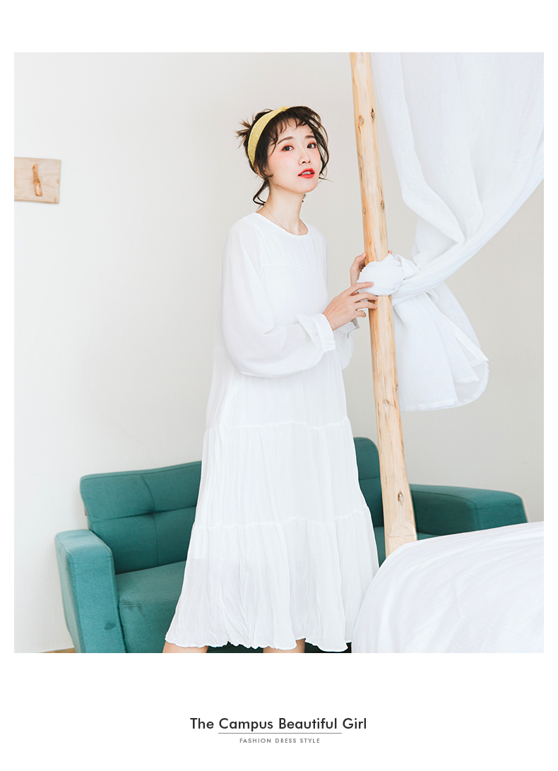 Đầm trắng tay dài xuân hè 2019 phiên bản mới của Hàn Quốc có cạp cao dài lệch thân váy tươi nhỏ - Váy eo cao mẫu váy khoét eo	