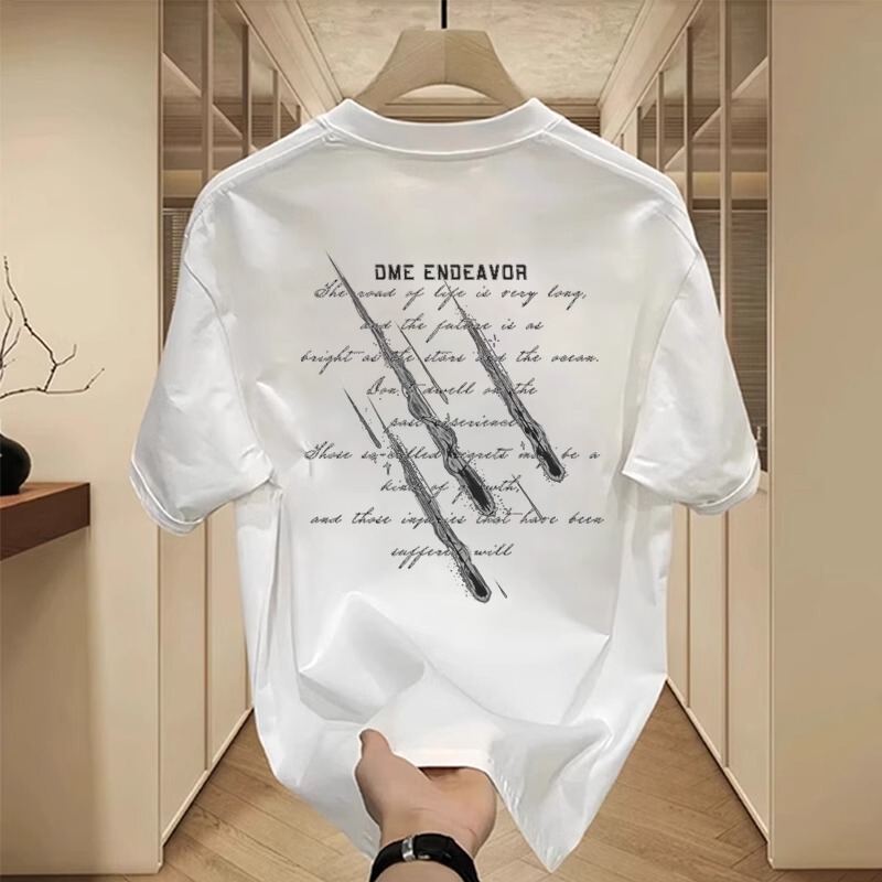 Heavyweight Pure Cotton Trendy Brand Creative Fashion T-Shirt with American Letter Print for Men, Summer Round Neck Casual Short-Sleeve Top