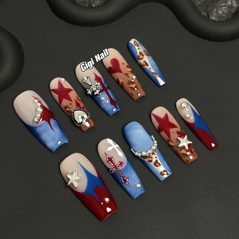 Gigi Nail Art Society European and American Hot Girl Style Nail Art Stickers Red and Blue Contrast Color Star Cross Personalized Pure Hand-Painted Nail Art Stickers