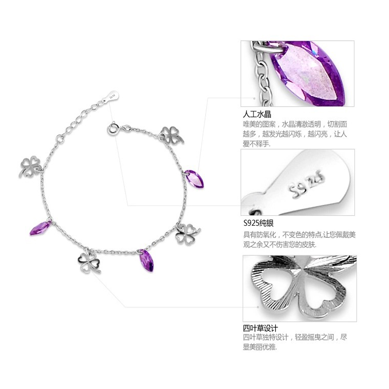 Đơn giản và linh hoạt tốt 925 sterling silver thạch anh tím bốn lá vòng chân cỏ nữ sinh viên Nhật Bản và Hàn Quốc gió chân chain hiện Qi Valentine