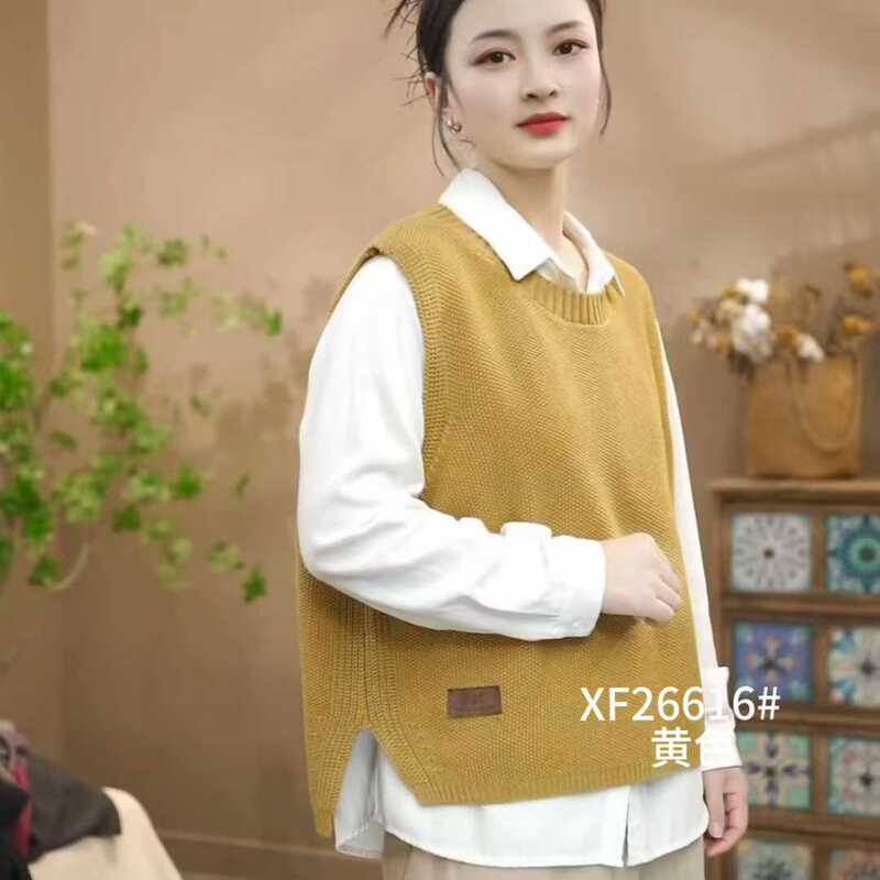 Spring Style Side-Slit Cotton Knit Round-Neck Pullover Vest with Label for Women, Casual Versatile Layering Top 26616