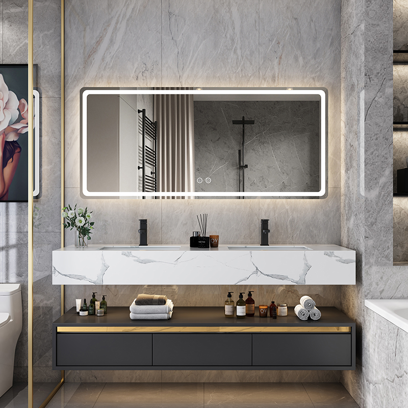 Custom simple double slot washbasin washbasin mirror combination rock plate one-piece bathroom cabinet mirror Light luxury sink powder room mirror