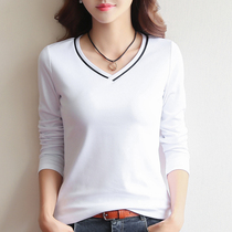 Autumn womens 2020 new v-neck white long-sleeved t-shirt womens slim cotton Korean version of the t-shirt base shirt top womens tide
