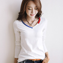 2020 new V-neck white long-sleeved t-shirt womens simple slim-fit t-shirt inner top womens solid-color base shirt