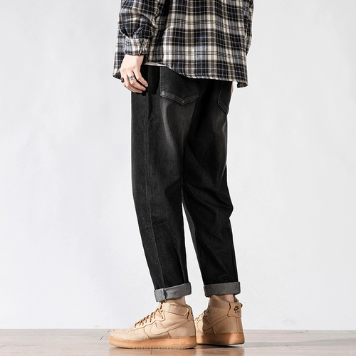 Джинсы, осенние универсальные демисезонные черные штаны, свободный прямой крой, оверсайз