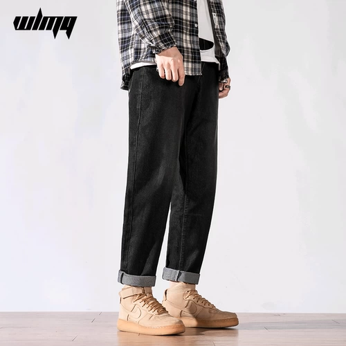 Джинсы, осенние универсальные демисезонные черные штаны, свободный прямой крой, оверсайз