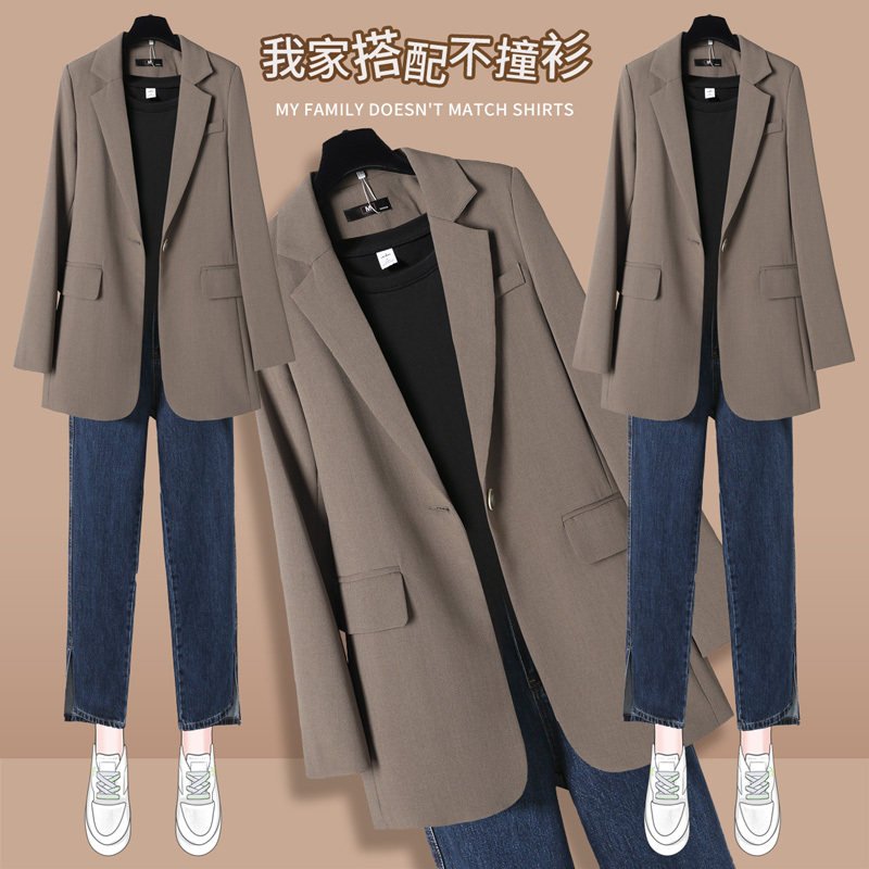 2026 Spring New Trendy Coffee-Colored Loose Casual Blazer Women's Slightly Flared Jeans Korean Style Two-Piece Set