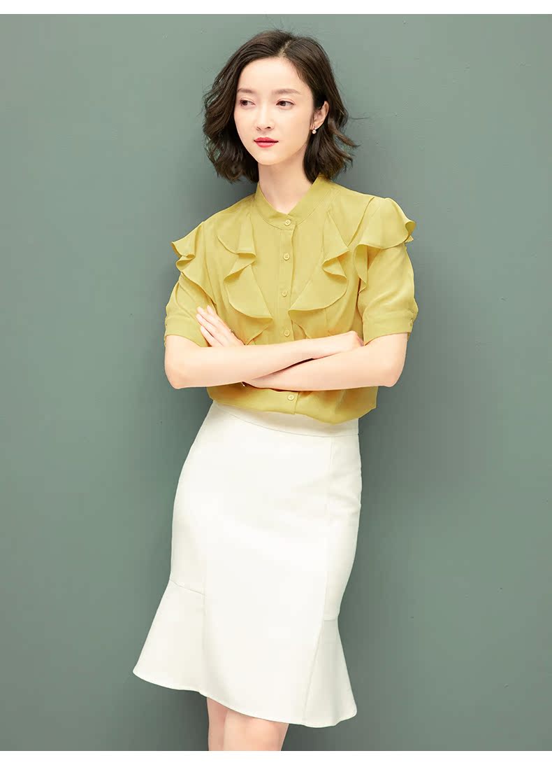 Fentz thời trang chic đứng cổ áo sơ mi voan xù nữ 2019 váy mùa hè mới cho nữ sơ mi ngắn tay ngọt ngào - Áo sơ mi áo sơ mi nữ kiểu