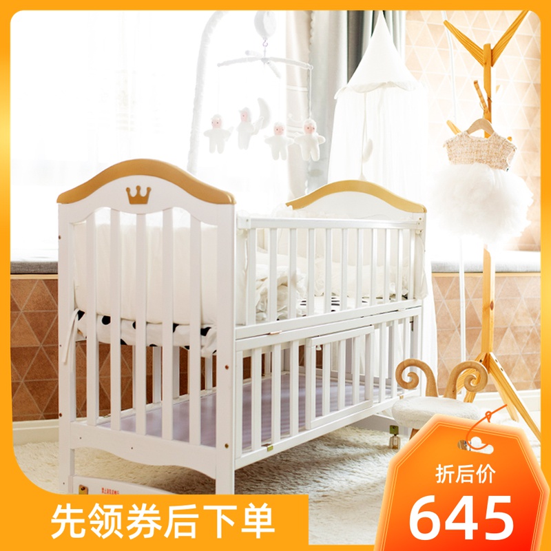 White Eu Type Crib Solid Wood Baby Bed Bb Cradle Multifunction Child Newborns Removable Splicing Large Bed