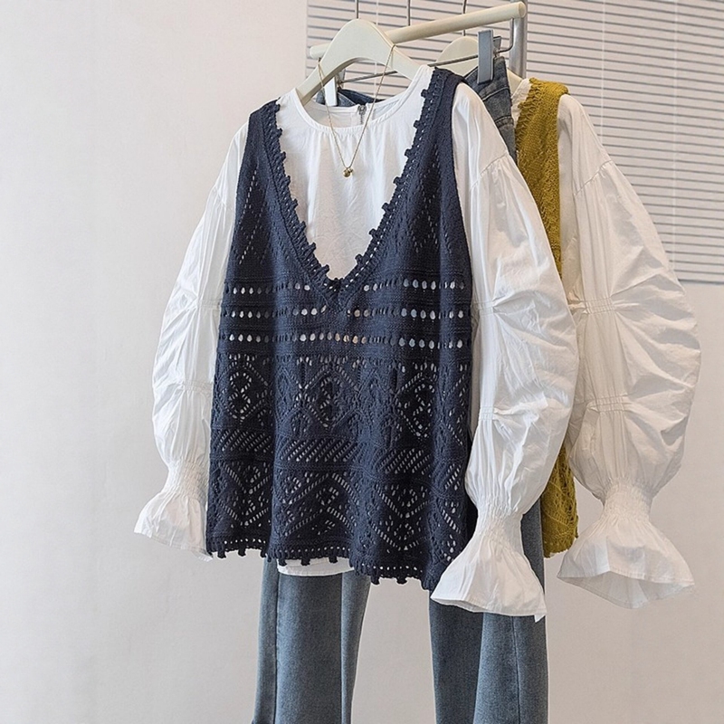 Navy Blue Crochet Hollow-Out V-Neck Knitted Vest for Women, 2026 Spring, Plus Size, Layered Sleeveless Top