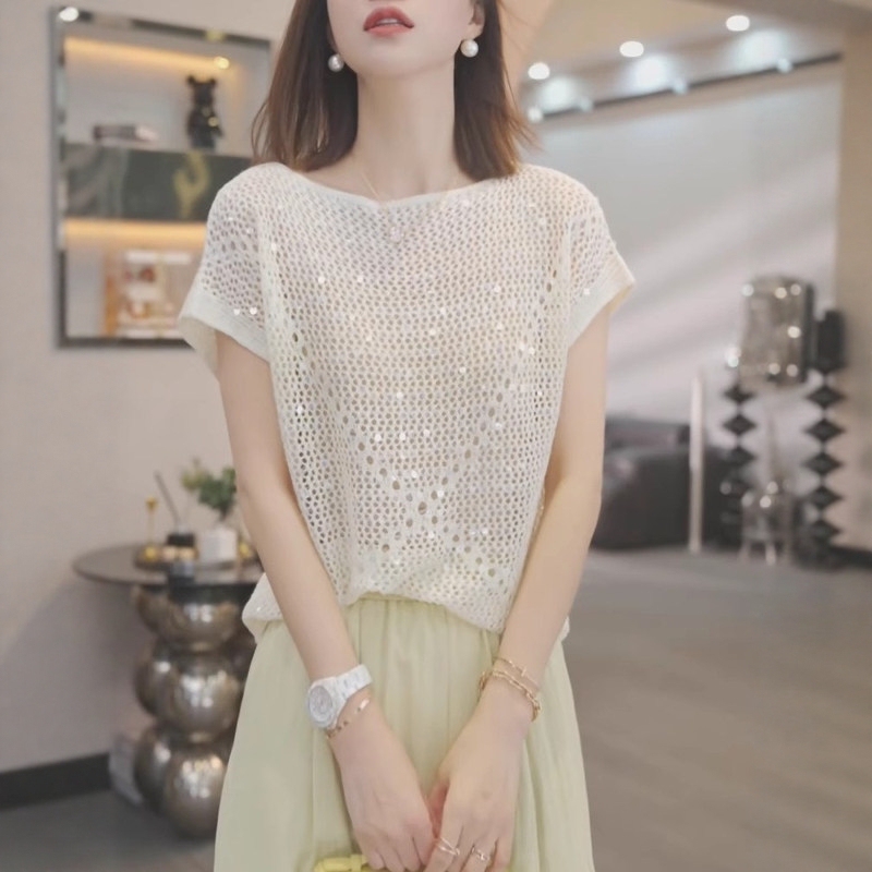 Heavy Sequin Light Blue Knitted Short-Sleeve Women's Summer Plus-Size Slimming Loose European-Style T-Shirt Shiny Top