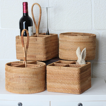 Rattan desktop storage basket wine rack ornaments wine glass remote control with grid storage portable basket Household Nordic