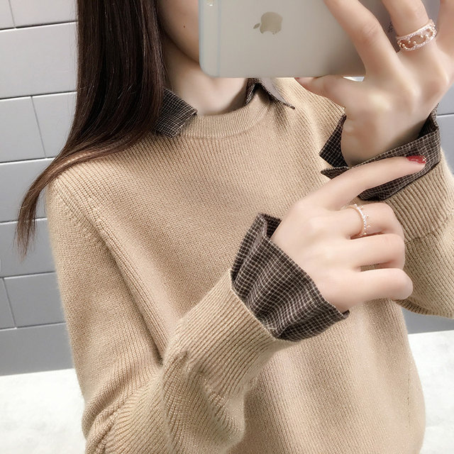 Fake two-piece knitted shirt women autumn and winter Korean version of the net red fashion hedging long-sleeved top all-match sweater bottoming shirt tide