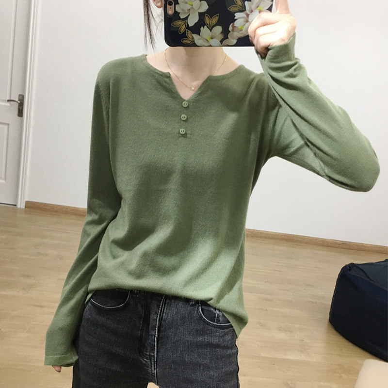 日本代购SLY V领长袖针织衫女秋时尚薄款上衣小V领宽松显瘦打底衫