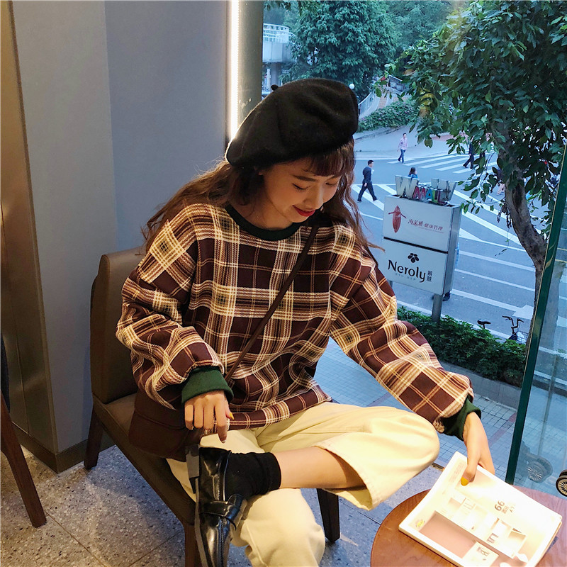 Phụ nữ mới cỡ lớn phiên bản Hàn Quốc của ulzzang lỏng lẻo gió lười học sinh kẻ sọc hoang dã cộng với áo len nhung áo khoác nữ đẹp