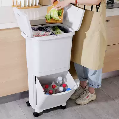 Japanese double-layer classification trash can Kitchen dry and wet separation with lid integrated deodorant household large capacity living room wheel