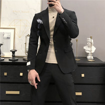 Fashion British style suit slim handsome two-piece Ruffian men trend Korean slim suit suit jacket