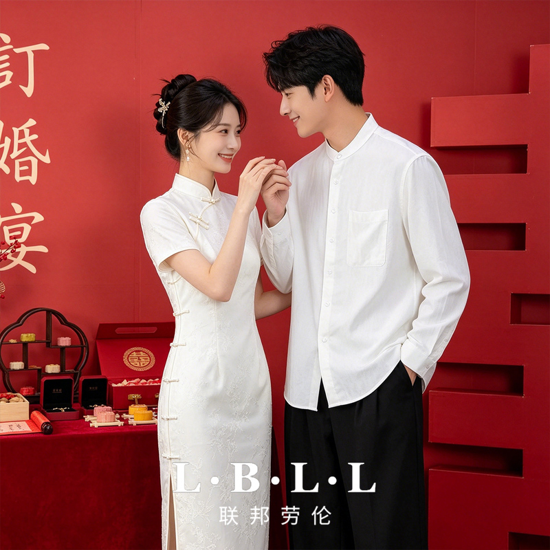 Federal Lauren New Chinese Style Certificate-Obtaining Men's Vintage-Inspired Solid Color Stand Collar Short-Sleeve Shirt Set for Couples' Marriage Registration Federal Lauren New Chinese Style Certificate-Obtaining Men's Vintage-Inspired Solid Color Stand Collar Short-Sleeve Shirt Set for Couples' Marriage Registration