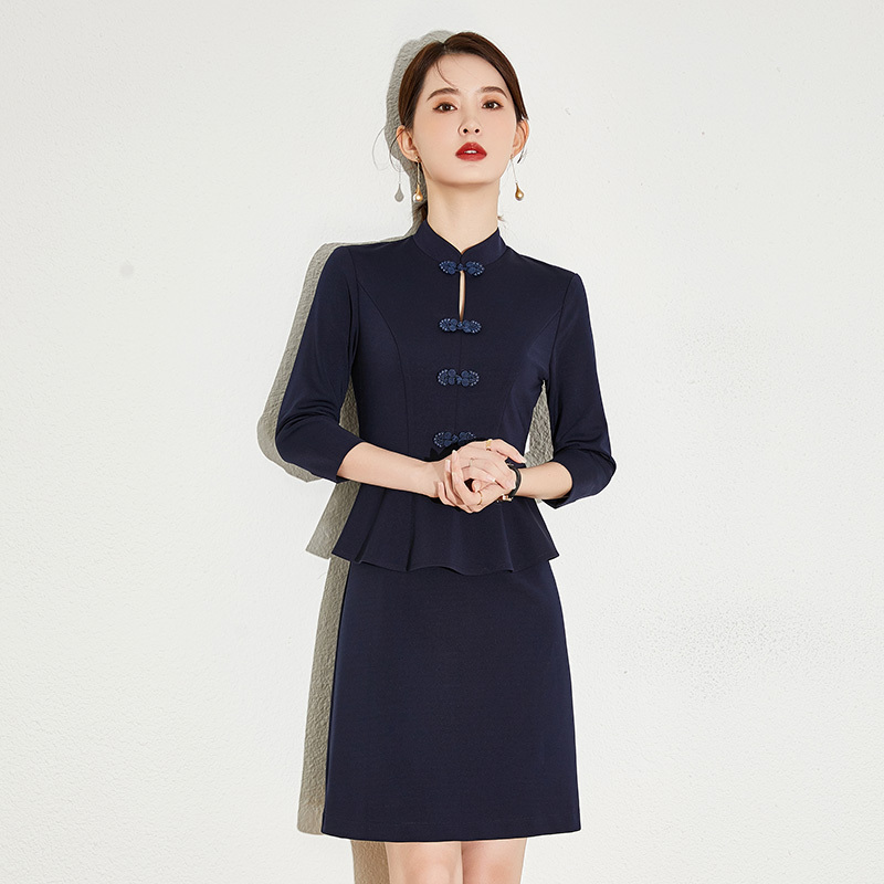 Chinese-Style Professional Dress for Women, New Spring and Autumn Model, Elegant Jewelry Hotel Tea Shop Work Uniform, Front Desk Workwear