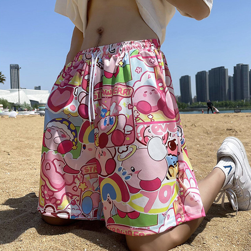 Kirby Pink Beach Shorts Men's Casual Loose Home Sleep Shorts Water-Resistant Ice Silk Quick-Dry Pants Summer