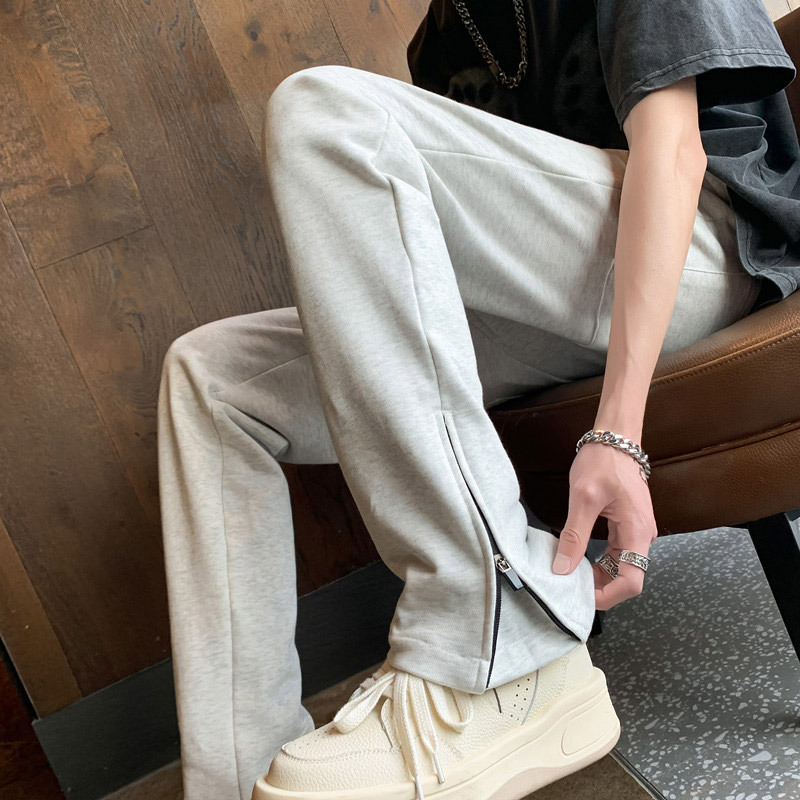 Slim-Fit Gray Zip-Up Sweatpants for Men, Cleanfit Trendy Brand, Sports Style, Leg-Lengthening, Petite Casual Pants, Summer Thin Style