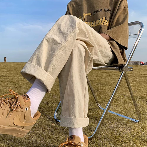 Хаки тонкие шелковые нейлоновые быстросохнущие японские штаны, свободный прямой крой