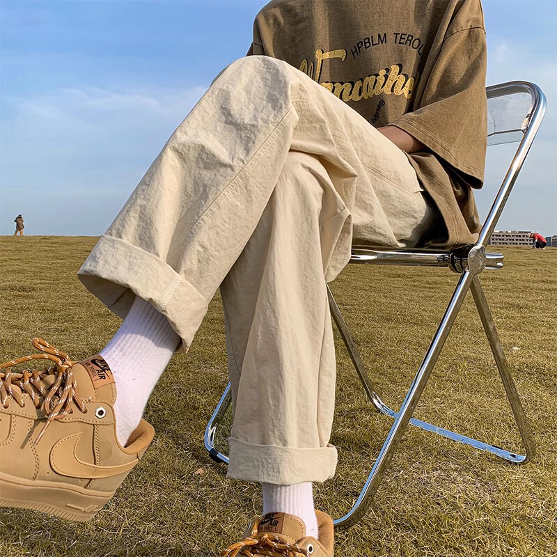 Linen Khaki Pants for Men, Summer Thin Ice Silk Nylon Quick-Drying Straight-Leg Nine-Point Japanese Style Drapey Casual Pants