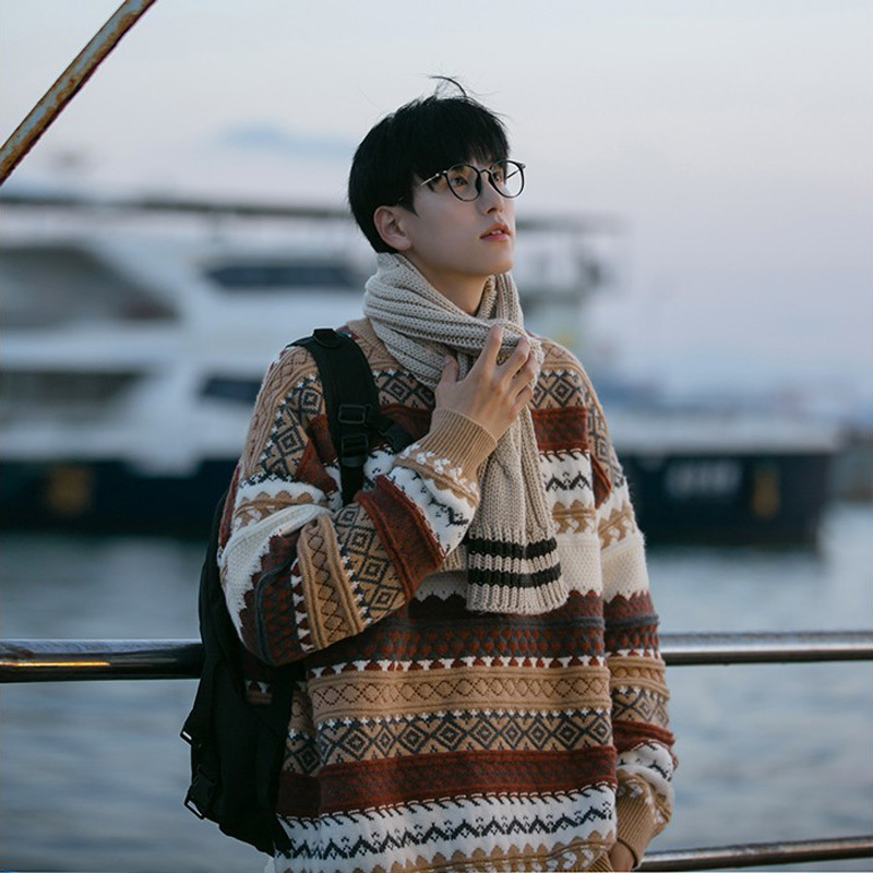Fair Isle Jacquard Christmas Sweater for Men, Japanese Retro Style, Lazy and High-End Feel, Thick Vintage Inner Layer, Winter Knitwear